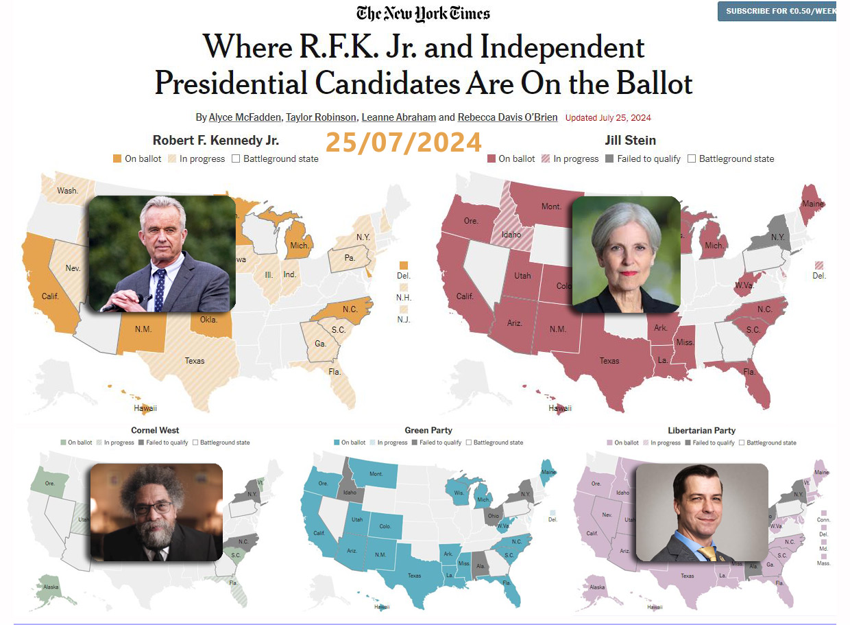 Lees meer over het artikel RFK Jr. and Independent 2024 US Presidential Candidates Ballot maps (NYT)